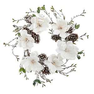 Nearly Natural 24” Snowed Magnolia / Pine Cone Wreath - 1 of 3