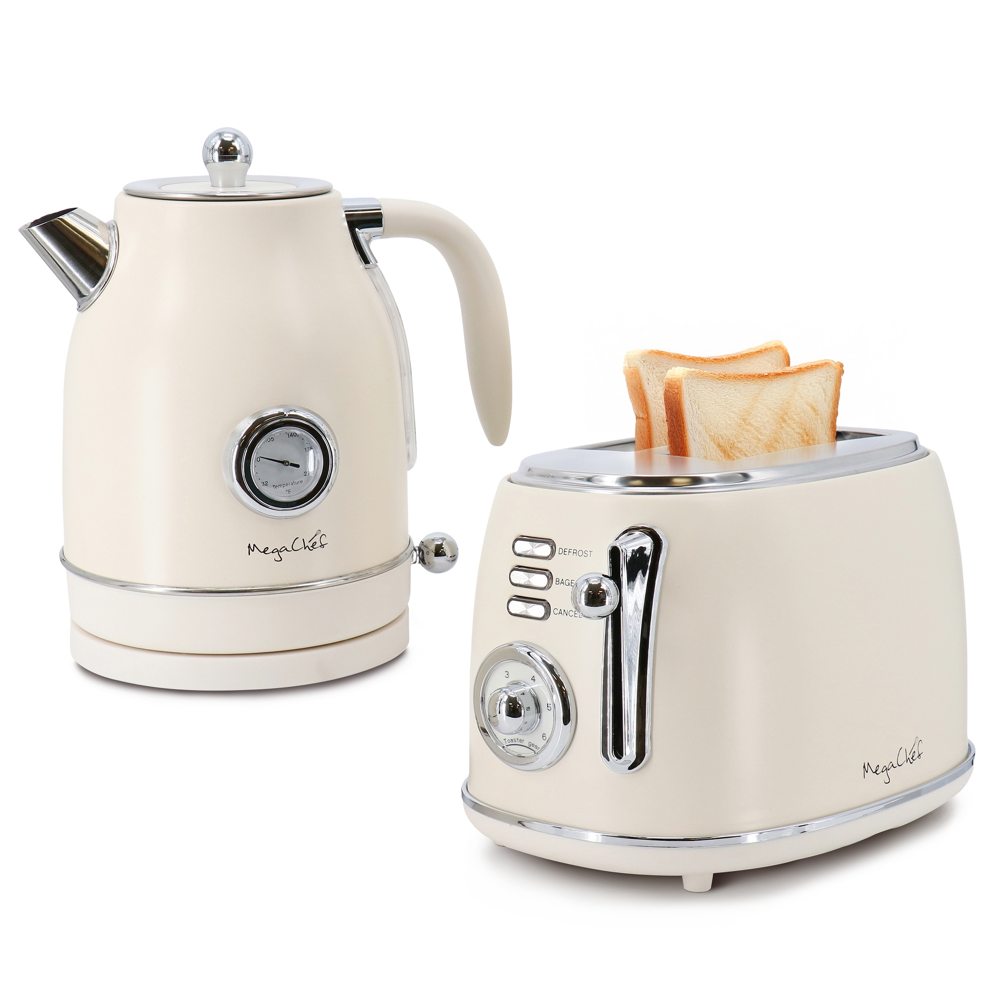 MegaChef 1.7 Liter Electric Tea Kettle and 2 Slice Toaster Combo in Matt Cream