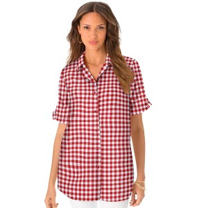 Roaman's Women's Plus Size French Check Big Shirt - 1 of 4