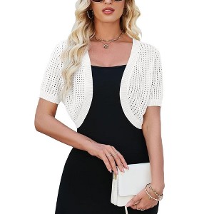 Womens Lightweight Shrugs Short Sleeve Open Front Cropped Cardigan Crochet Knit Sweater - 1 of 4