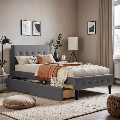 Twin Size Upholstered Platform Bed with 2 Drawers - Leovsnove