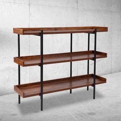 Modern Rustic Black Metal Frame 50" Display Shelf with Woodgrain Finish