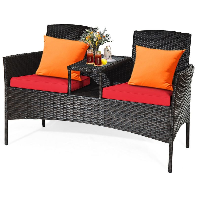 Tangkula Outdoor Patio Rattan Wicker Conversation Set Loveseat Sofa with Coffee Table, 3 of 7