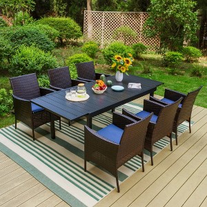 Captiva Designs 7pc Patio Slat-top Expandable Metal Dining Table & Armrest Wicker Chairs with Cushions - 1 of 4