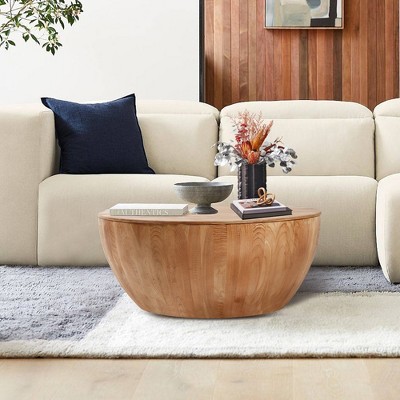 35.43" Bucket Shaped Coffee Table Solid Wood+MDF Vintage Round Coffee Wood Table With Storage Space
