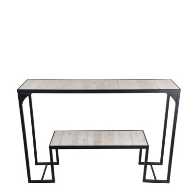 Industrial Design Wood and Metal Accent Table Beige/Black - Benzara