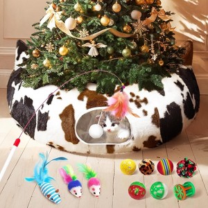 Cat Tunnel Christmas Tree Skirt, Cow Print Cat Tunnels for Indoor Cats with Washable Mat and Hanging Ball, with 11 Cats Toys - 1 of 4