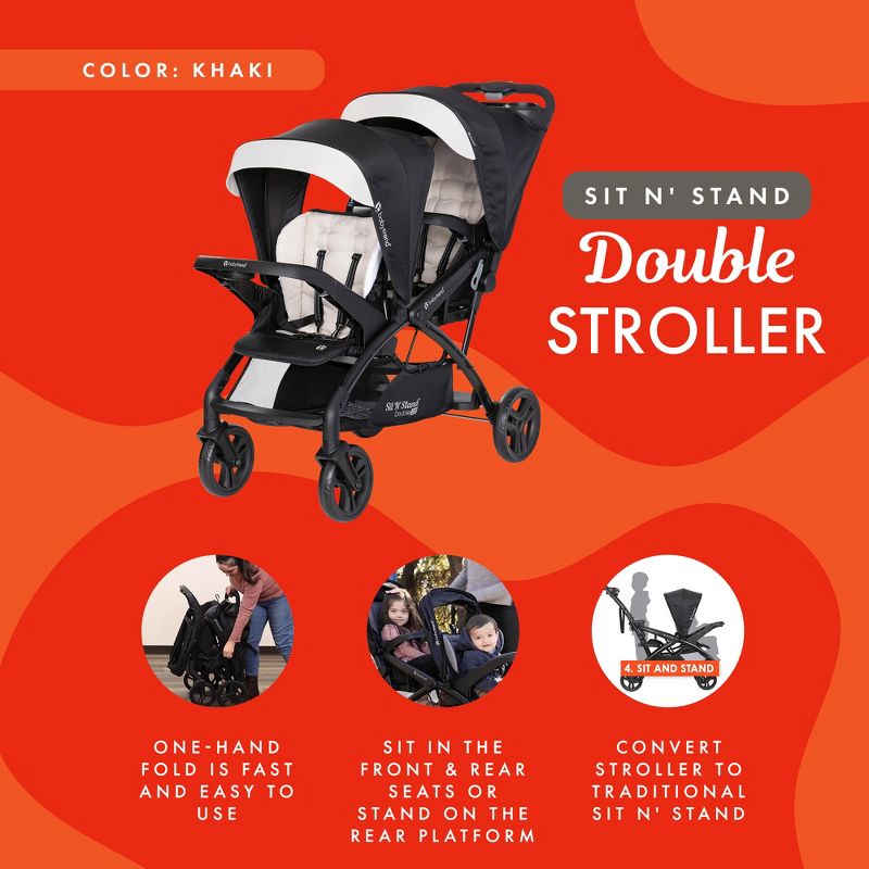 Baby Trend Sit N' Stand Double Stroller 2.0 DLX with 5 Point Safety Harness, Canopy, Extra Basket, 2 Cup Holders & Covered Compartment, Modern Khaki, 3 of 7