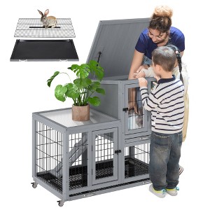 Sandinrayli Rabbit Hutch with Wire Bottom, 2-Level Large Wooden Bunny Cage on Wheels Indoor Outdoor, Grey - 1 of 4