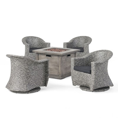 Christopher Knight Home Morant Outdoor Wicker 5 Piece Swivel Club Chair and Fire Pit Set