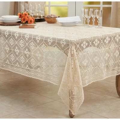 Ecru Rectangular Cotton Crochet Design Tablecloth