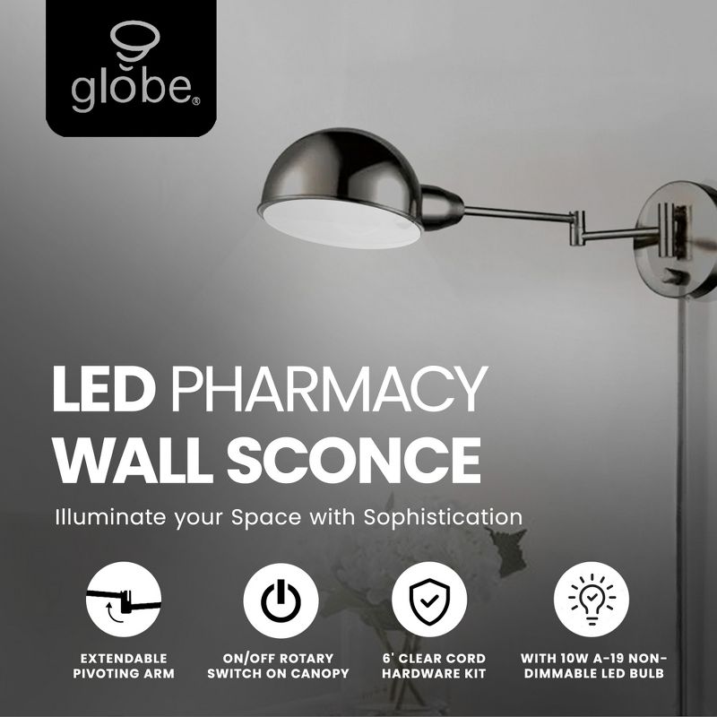 Globe Electric 10 Watt LED Pharmacy Wall Sconce with Steel Finish, Canopy, and Pivoting Extendable Arm for Home Improvement, Silver, 2 of 7