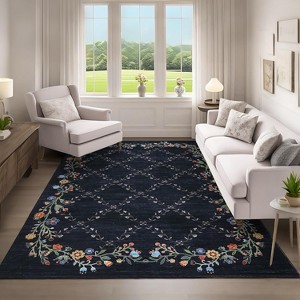 4x6 Black Floral Rug, Machine Washable Area Rug with Non-Slip Backing, Low Pile Carpet for Living Room Bedroom Modern Farmhouse Style - 1 of 4