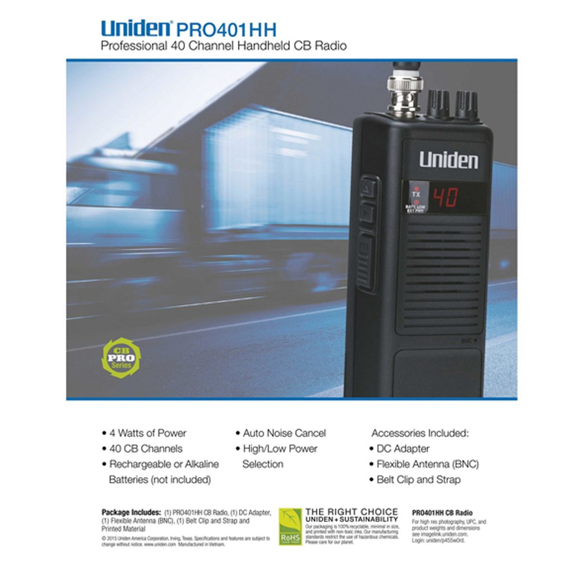 Uniden® Pro Series 40-Channel Handheld CB Radio with Whip Antenna, Black, PRO401HH - thumbnail 4