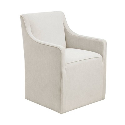 Cream Upholstered High Back Dining Arm Chair with Casters