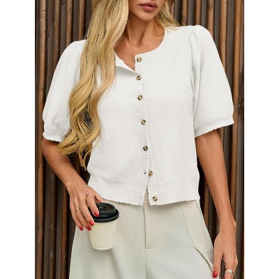 Womens Puff Short Sleeve Cardigan Lightweight Summer Button Down Shirts Knit Crew Neck Sweater Tops