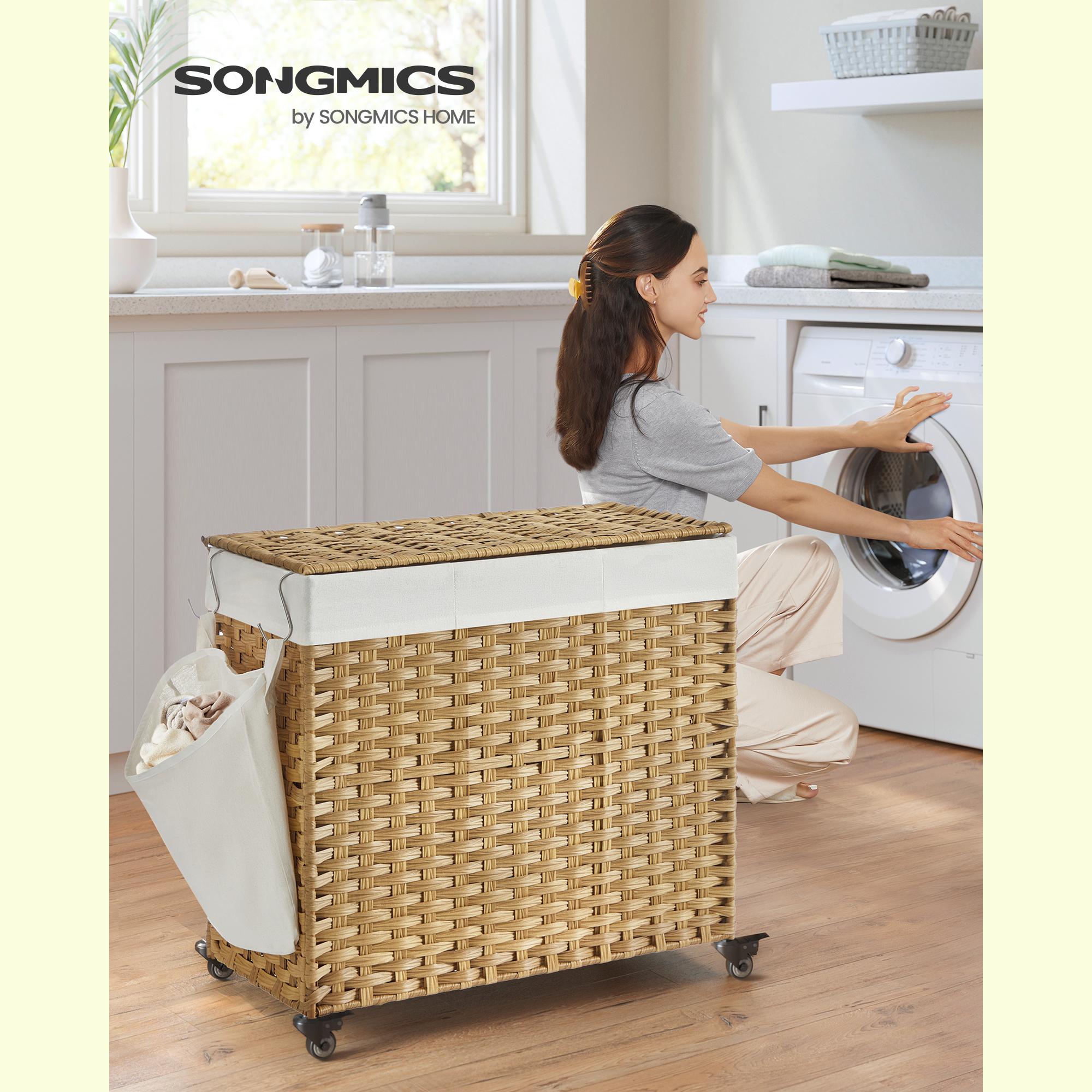 SONGMICS Laundry Hamper with Lid, 37 Gallons (140 L), Rolling Laundry Basket with Wheels, 3-Section Synthetic Rattan, Removable Liner, Natural