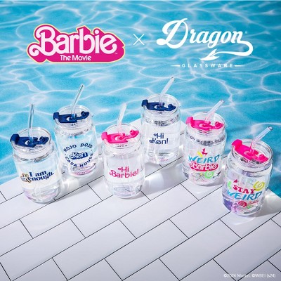 Barbie x Dragon Glassware 16 oz Clear Glass Tumbler Set with Lids and Straws