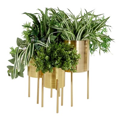Set of 3 Gold Metal Planters with Stands - 18", 14", 12"H