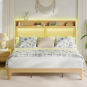 Rattan Bed Frame with LED Lights & Charging Station, Bohemian Rattan Bed Frame with 2 Tier Storage , Solid Wood Foundation with Silent Slats - 1 of 4