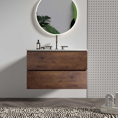 FAMYYT 30 in. Single Sink Floating Walnut Bath Vanity with White Ceramic Top, 2 Soft Drawers