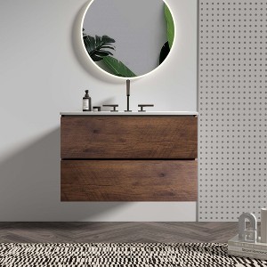 FAMYYT 30 in. Single Sink Floating Walnut Bath Vanity with White Ceramic Top, 2 Soft Drawers - 1 of 4