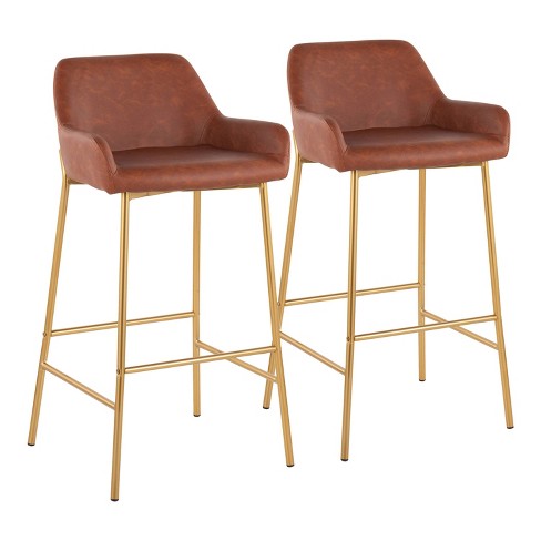 Daniella Metal Faux Leather Barstools, Brown Leather Bar Stools With Gold Legs