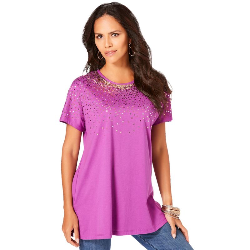Roaman's Women's Plus Size Embellished Tunic with Side Slits, 1 of 2
