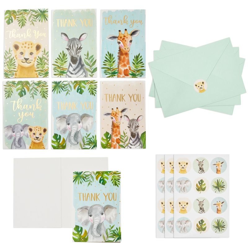 Pipilo Press 48 Pack Safari Baby Shower Thank You Cards with Envelopes, Seal Stickers, 4x6 In, 1 of 8