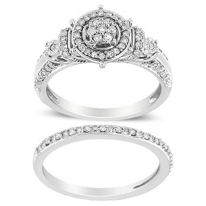 Silver 1/3 Cttw Diamond 7 Stone and Halo Engagement Ring and Wedding Band Set - 1 of 4