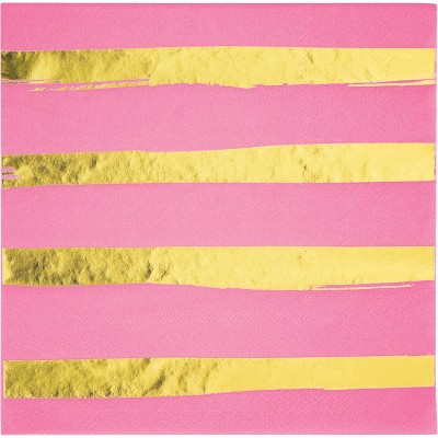 16ct Foil Striped Napkins Pink