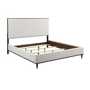80.25" Eastern King Bed Carena Bed Light Gray Fabric White Brown Finish - Acme Furniture: Tufted Headboard, Faux Leather, Wood Frame - 1 of 4
