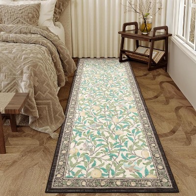 Washable Area Rug - Thin Low Pile, Farmhouse Botanical Print, Large Living Room/Dining Room/Bedroom Carpet