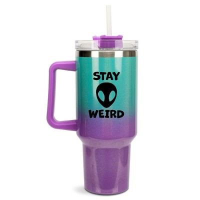 100 North Stay Weird Alien Wrap-Around 40 Oz. Stainless Steel Water Bottle Coffee Mug, Spill & Leak Resistant, Travel Tumbler with Handle, Lid &