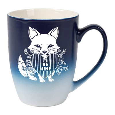 Elanze Designs Romantic Valentines Coffee Cup Mug 12 Ounce Ceramic With Ombre Gradient Be Mine Floral Fox Navy Blue and White
