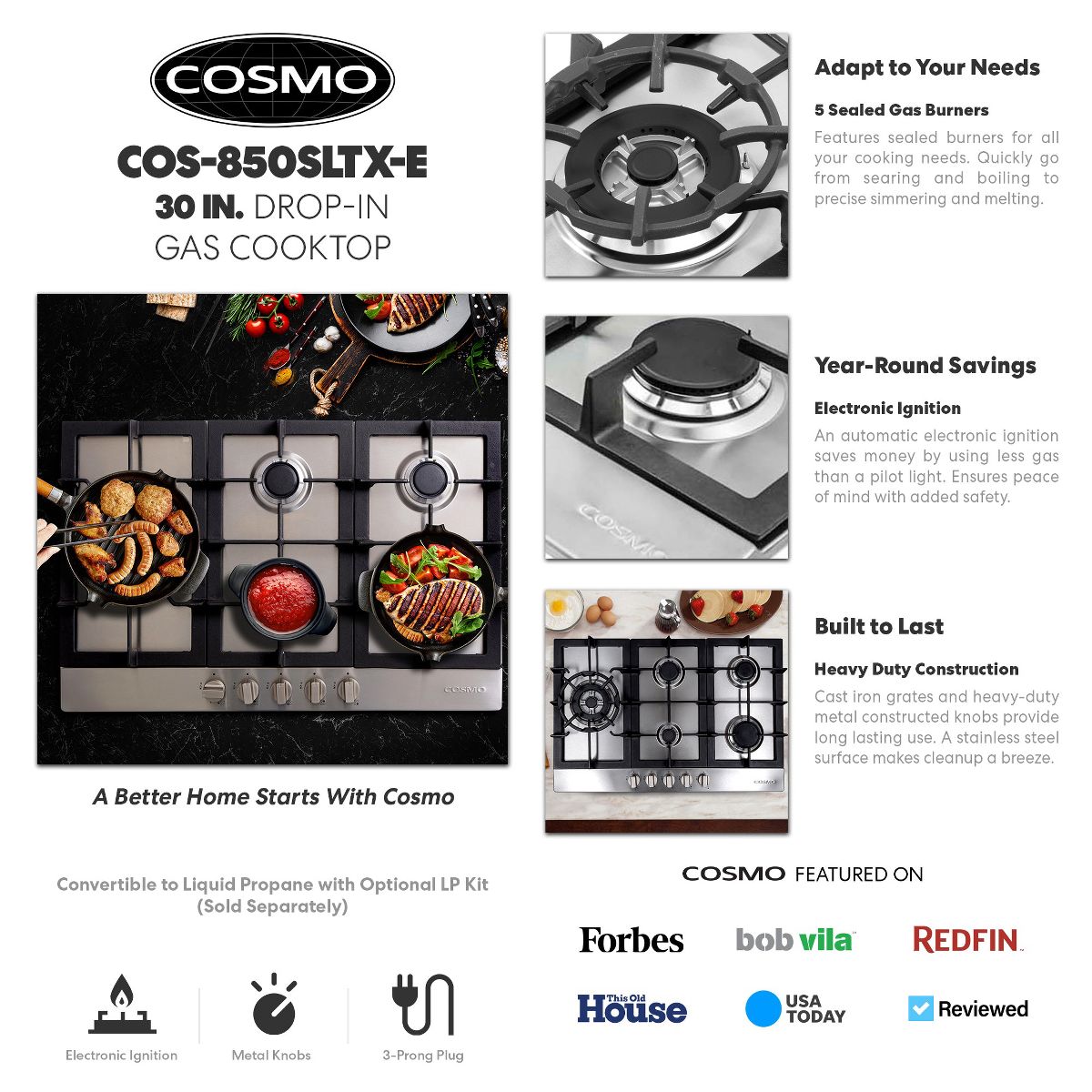 Cosmo COS-850SLTX-E 30 in. Gas Cooktop in Stainless Steel with 5 Sealed Brass Burners - thumbnail 3