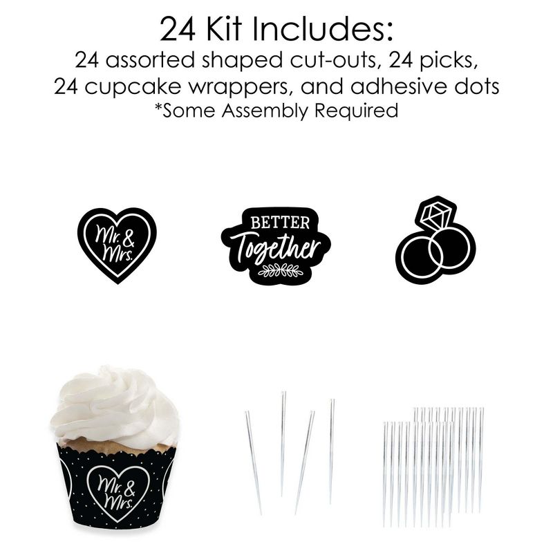 Big Dot of Happiness Mr. and Mrs. - Cupcake Decoration - Black and White Wedding or Bridal Shower Cupcake Wrappers and Treat Picks Kit - Set of 24, 5 of 8
