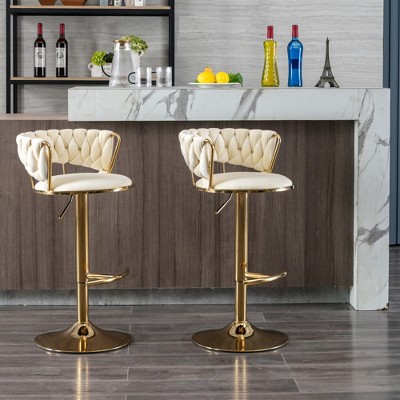 SKRAN Velvet Swivel Bar Stool Set of 2 Adjustable 360° Swivel Bar Height Chair Woven Hollow Back For Kitchen Island, Cafe, Pub, Bar Counter