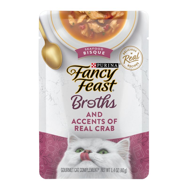 Fancy Feast Broths Lickable Seafood Bisque and Accents of Real Crab Wet Cat Food - 1.4oz, 1 of 9