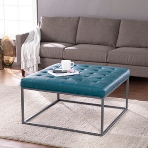 Gulches Blue Upholstered Cocktail Ottoman - Tufted Upholstery, Gray Metal Base, Modern Style for Living Room (Tea Tray/Foot Rest) - 1 of 4
