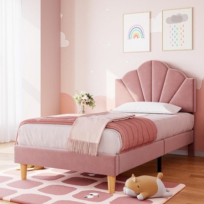 Whizmax Twin Platform Bed Frame, Velvet Upholstered Platform Bed Frame with Height Adjustable Headboard, Wood Slat Support, Easy to Assemble