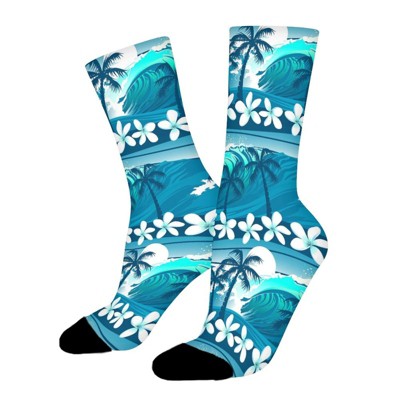 Blue Tropical Surfing With Palm Trees Women Printed Crew Socks Funny Funky Socks Soft Polyester Novelty Gifts for Artists Men