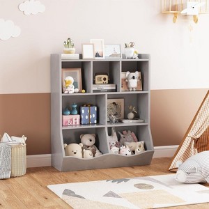 3-Tier Toy Storage Organizer with Bookshelf, Kids Bookshelf with Cubby Organizer Cabinet, Wooden Bookcase for Playroom, Nursery, Kids Room - 1 of 4