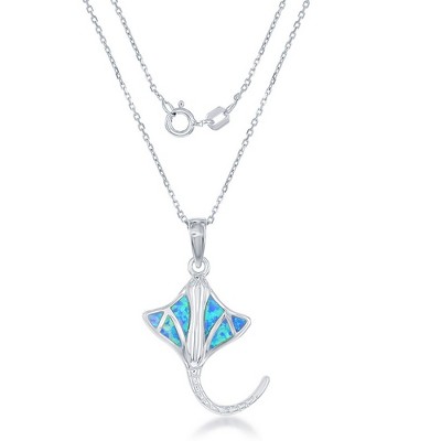 Opalata Sterling Silver, Blue Inlay Opal Manta Ray 18" Pendant Necklace - Blue
