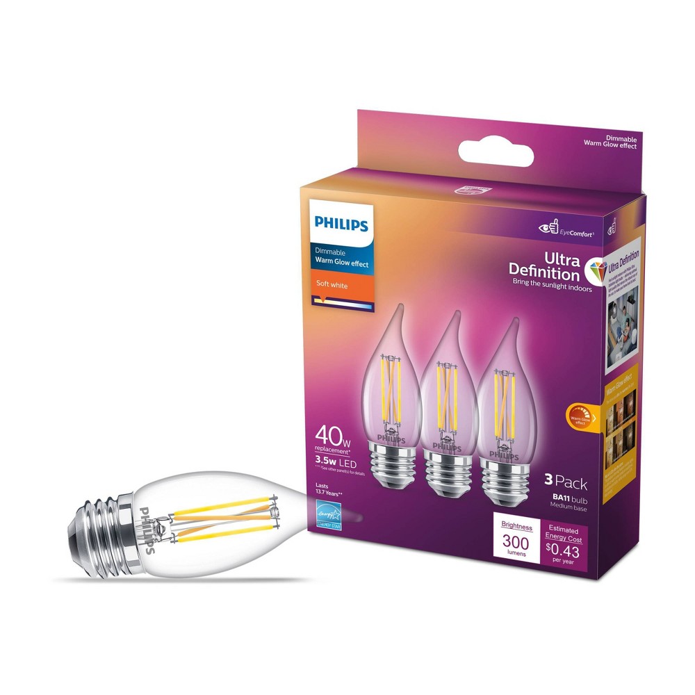 Philips UltraDef LED 40W Clear Soft White BA11 3P Medium Base