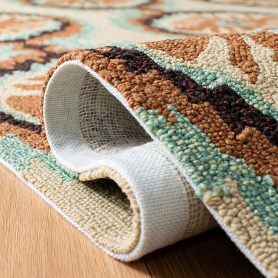 Beige and Green Floral Hand-Hooked Rectangular Rug