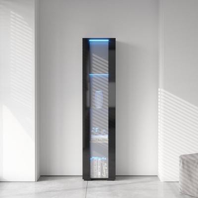 4-tier Tall Storage Cabinet Freestanding Narrow Slim Side Cabinet With Aluminum Strip Lamp for Living Room Bedroom