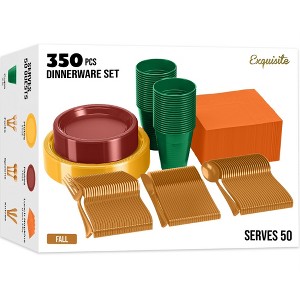 Exquisite 350-Piece Thanksgiving Plastic Dinnerware Set – Gold Cutlery with Yellow, Red, Green & Orange Tableware for 50 Guests - 1 of 4