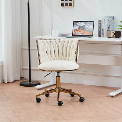Velvet Office Chair, Desk Chair With Handwoven Backrest, Wheels, Adjustable Height 17.3" To 21.3" 360 Degree Rotating Armchair