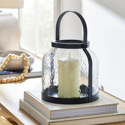 Attop Black Metal Hammered Glass Candleholder Lantern Candle Holders, 8", Medium